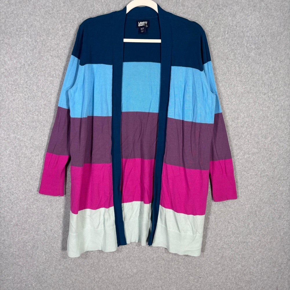 Lands End Cardigan Sweater Medium Teal Duster Pockets Thin Cute Pastel Whimsy